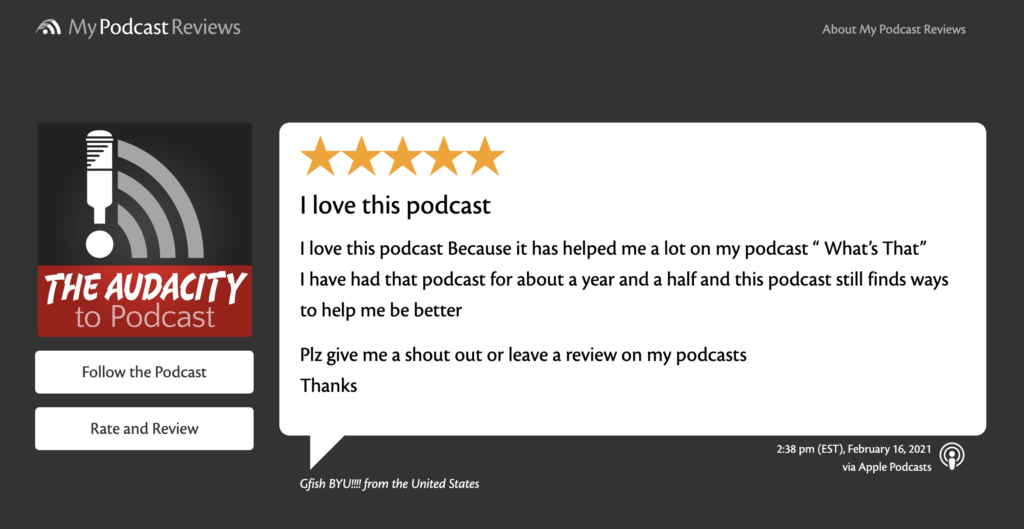Sample shareable review showing new "Follow the Podcast" and "Rate and Review" buttons under the podcast cover art.